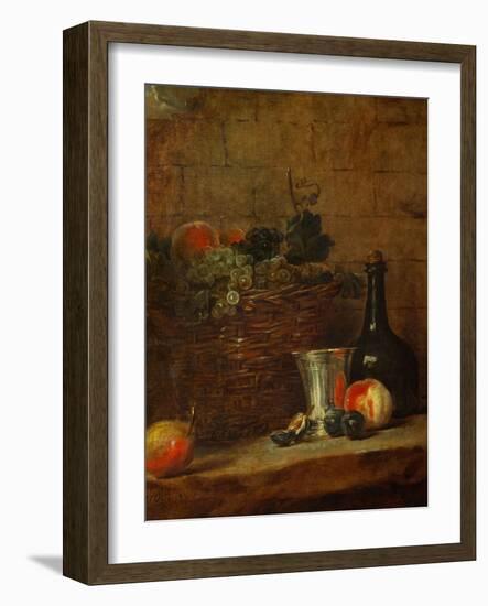 Fruit Basket with Grapes, a Silver Goblet and a Bottle, Peaches, Plums, and a Pear-Jean-Baptiste Simeon Chardin-Framed Giclee Print