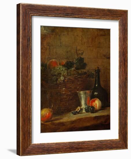 Fruit Basket with Grapes, a Silver Goblet and a Bottle, Peaches, Plums, and a Pear-Jean-Baptiste Simeon Chardin-Framed Giclee Print