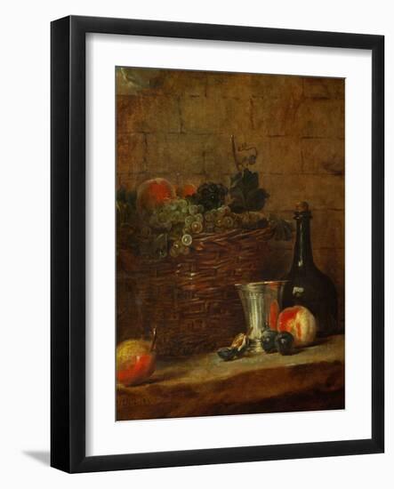 Fruit Basket with Grapes, a Silver Goblet and a Bottle, Peaches, Plums, and a Pear-Jean-Baptiste Simeon Chardin-Framed Giclee Print