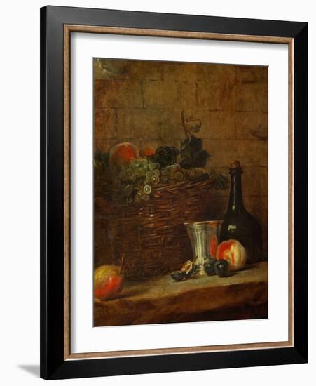 Fruit Basket with Grapes, a Silver Goblet and a Bottle, Peaches, Plums, and a Pear-Jean-Baptiste Simeon Chardin-Framed Giclee Print