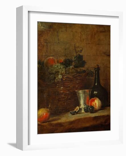 Fruit Basket with Grapes, a Silver Goblet and a Bottle, Peaches, Plums, and a Pear-Jean-Baptiste Simeon Chardin-Framed Giclee Print