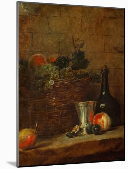 Fruit Basket with Grapes, a Silver Goblet and a Bottle, Peaches, Plums, and a Pear-Jean-Baptiste Simeon Chardin-Mounted Giclee Print