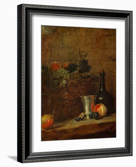 Fruit Basket with Grapes, a Silver Goblet and a Bottle, Peaches, Plums, and a Pear-Jean-Baptiste Simeon Chardin-Framed Giclee Print