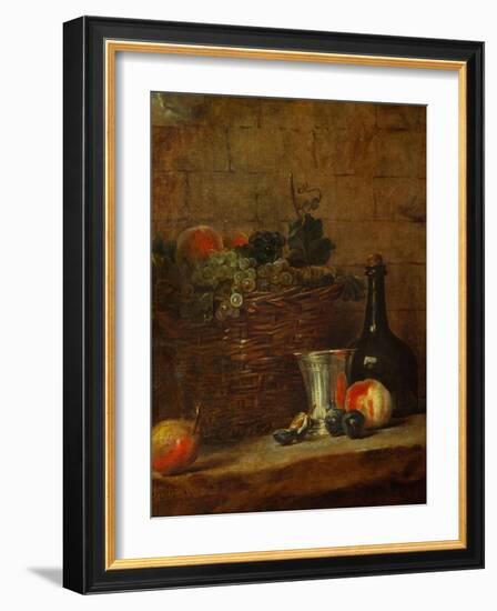 Fruit Basket with Grapes, a Silver Goblet and a Bottle, Peaches, Plums, and a Pear-Jean-Baptiste Simeon Chardin-Framed Giclee Print