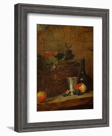 Fruit Basket with Grapes, a Silver Goblet and a Bottle, Peaches, Plums, and a Pear-Jean-Baptiste Simeon Chardin-Framed Giclee Print