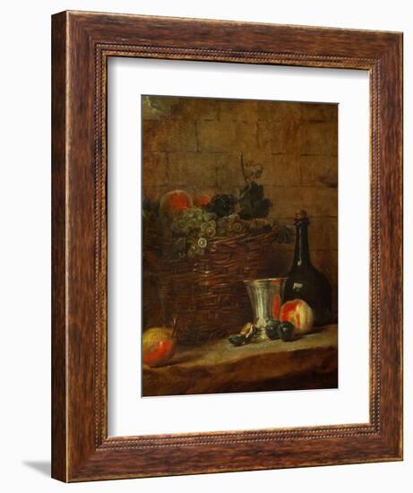 Fruit Basket with Grapes, a Silver Goblet and a Bottle, Peaches, Plums, and a Pear-Jean-Baptiste Simeon Chardin-Framed Giclee Print