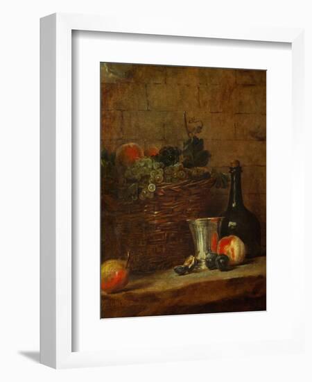 Fruit Basket with Grapes, a Silver Goblet and a Bottle, Peaches, Plums, and a Pear-Jean-Baptiste Simeon Chardin-Framed Giclee Print