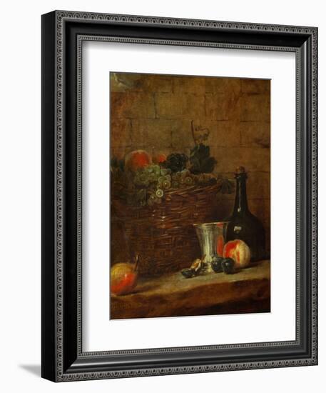 Fruit Basket with Grapes, a Silver Goblet and a Bottle, Peaches, Plums, and a Pear-Jean-Baptiste Simeon Chardin-Framed Giclee Print