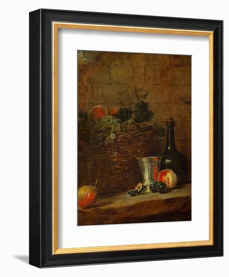 Fruit Basket with Grapes, a Silver Goblet and a Bottle, Peaches, Plums, and a Pear-Jean-Baptiste Simeon Chardin-Framed Giclee Print