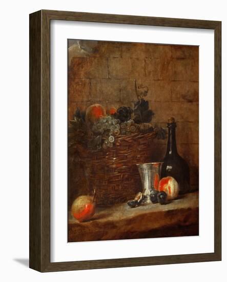 Fruit Basket with Grapes, a Silver Goblet and a Bottle, Peaches, Plums, and a Pear-Jean-Baptiste Simeon Chardin-Framed Giclee Print