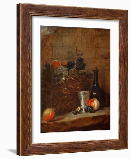 Fruit Basket with Grapes, a Silver Goblet and a Bottle, Peaches, Plums, and a Pear-Jean-Baptiste Simeon Chardin-Framed Giclee Print