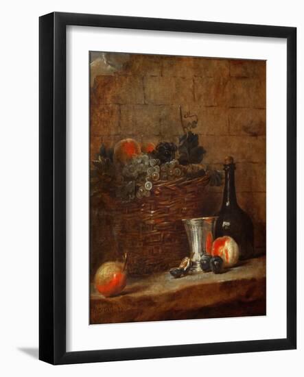 Fruit Basket with Grapes, a Silver Goblet and a Bottle, Peaches, Plums, and a Pear-Jean-Baptiste Simeon Chardin-Framed Giclee Print