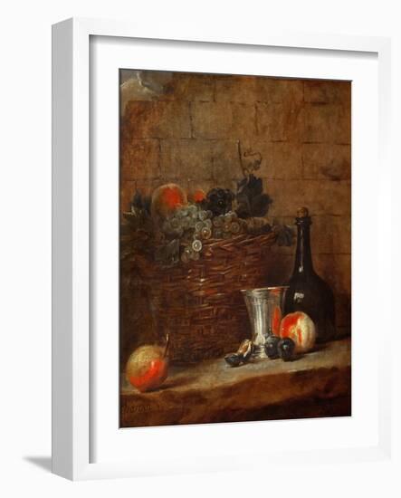 Fruit Basket with Grapes, a Silver Goblet and a Bottle, Peaches, Plums, and a Pear-Jean-Baptiste Simeon Chardin-Framed Giclee Print