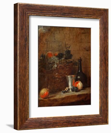 Fruit Basket with Grapes, a Silver Goblet and a Bottle, Peaches, Plums, and a Pear-Jean-Baptiste Simeon Chardin-Framed Giclee Print