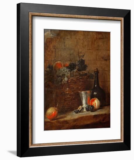 Fruit Basket with Grapes, a Silver Goblet and a Bottle, Peaches, Plums, and a Pear-Jean-Baptiste Simeon Chardin-Framed Giclee Print