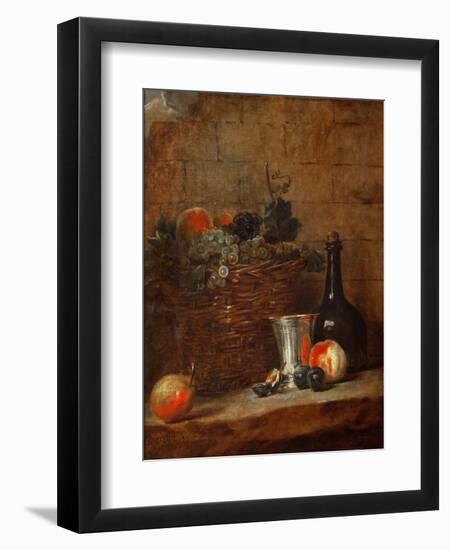 Fruit Basket with Grapes, a Silver Goblet and a Bottle, Peaches, Plums, and a Pear-Jean-Baptiste Simeon Chardin-Framed Giclee Print