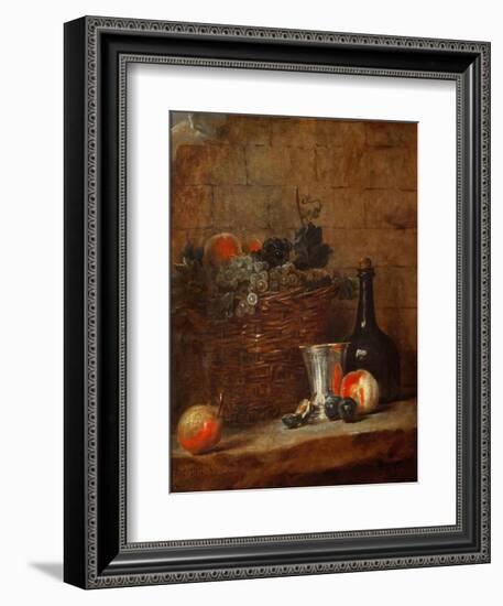 Fruit Basket with Grapes, a Silver Goblet and a Bottle, Peaches, Plums, and a Pear-Jean-Baptiste Simeon Chardin-Framed Giclee Print