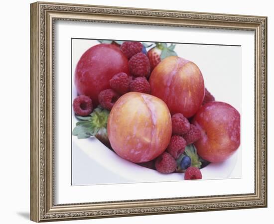 Fruit Bowl with Red Plums and Raspberries-Linda Burgess-Framed Photographic Print