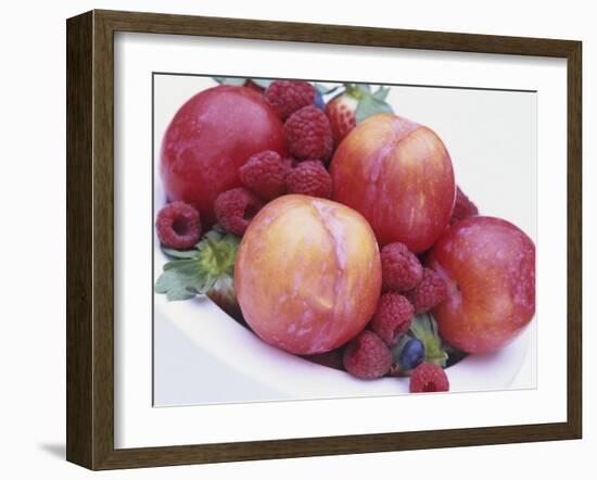 Fruit Bowl with Red Plums and Raspberries-Linda Burgess-Framed Photographic Print