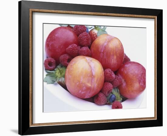 Fruit Bowl with Red Plums and Raspberries-Linda Burgess-Framed Photographic Print