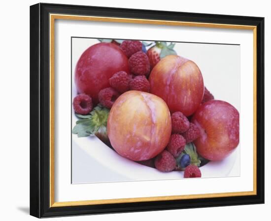 Fruit Bowl with Red Plums and Raspberries-Linda Burgess-Framed Photographic Print