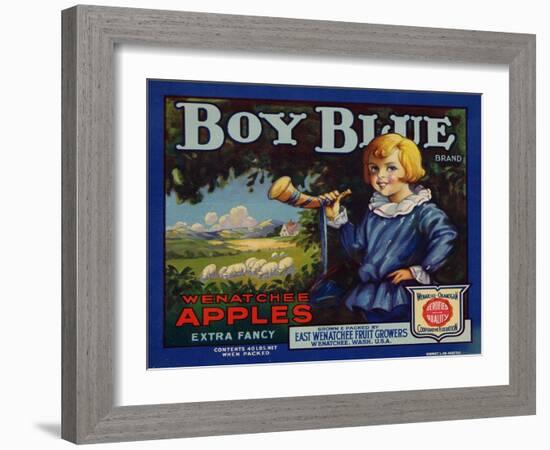 Fruit Crate Labels: Boy Blue Brand Wenatchee Apples; East Wenatchee Fruit Growers-null-Framed Art Print
