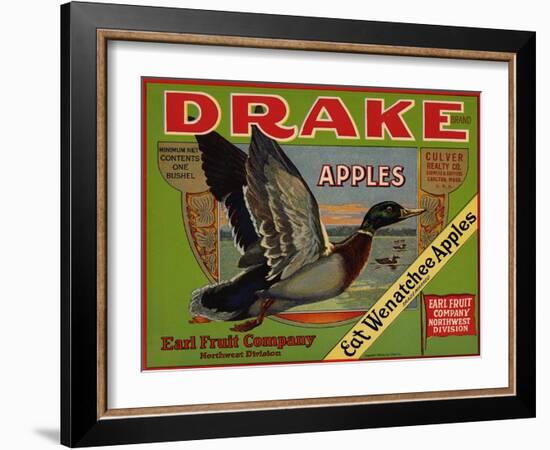 Fruit Crate Labels: Drake Brand Apples; Earl Fruit Company-null-Framed Art Print