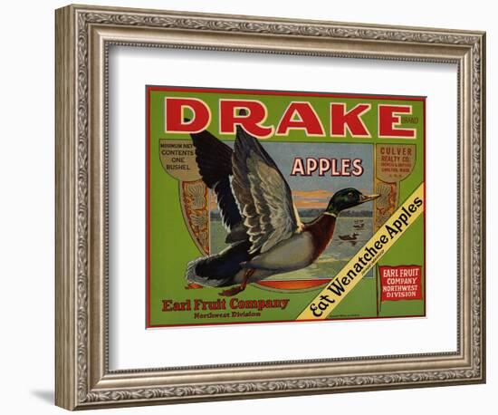 Fruit Crate Labels: Drake Brand Apples; Earl Fruit Company-null-Framed Art Print