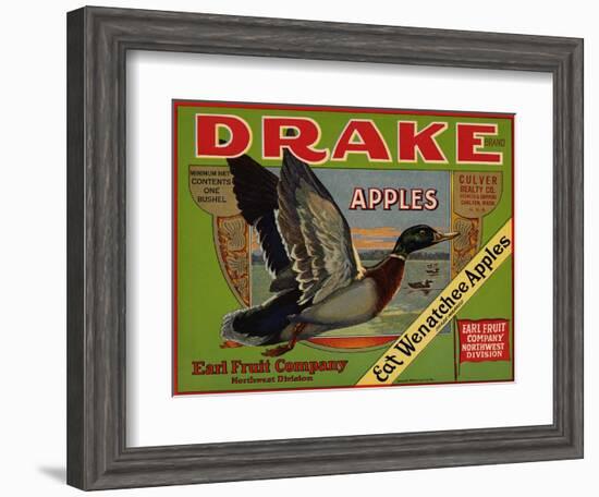 Fruit Crate Labels: Drake Brand Apples; Earl Fruit Company-null-Framed Art Print