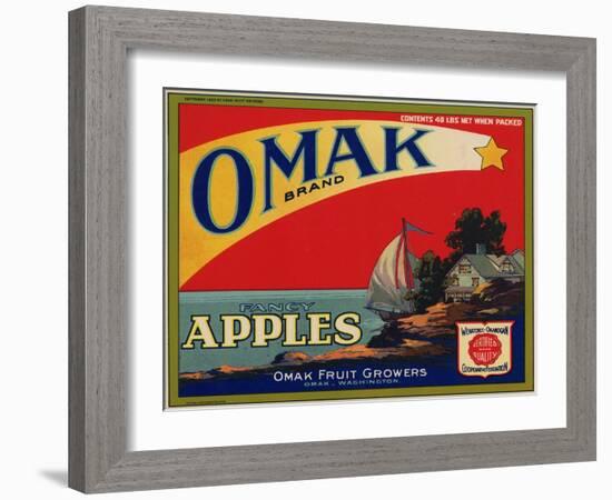 Fruit Crate Labels: Omak Brand Fancy Apples; Omak Fruit Growers-null-Framed Art Print