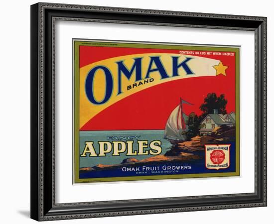 Fruit Crate Labels: Omak Brand Fancy Apples; Omak Fruit Growers-null-Framed Art Print