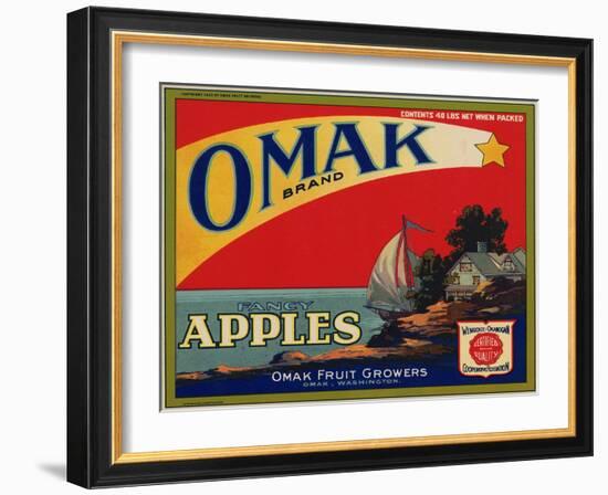 Fruit Crate Labels: Omak Brand Fancy Apples; Omak Fruit Growers-null-Framed Art Print