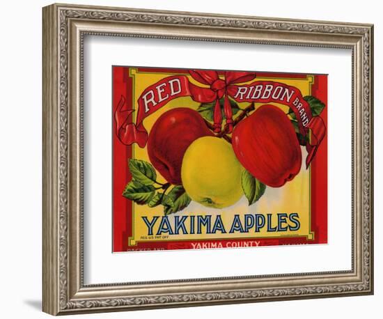 Fruit Crate Labels: Red Ribbon Brand Yakima Apples; Yakima County Horticultural Union--Framed Art Print