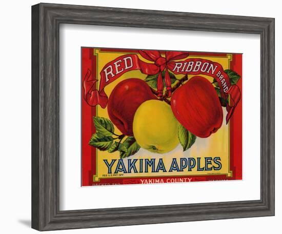 Fruit Crate Labels: Red Ribbon Brand Yakima Apples; Yakima County Horticultural Union-null-Framed Art Print