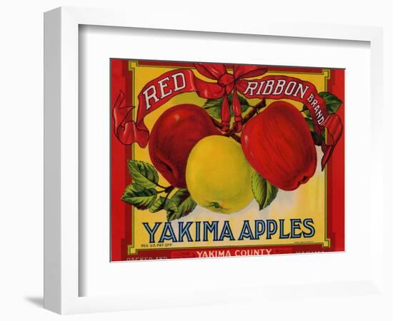 Fruit Crate Labels: Red Ribbon Brand Yakima Apples; Yakima County Horticultural Union-null-Framed Art Print