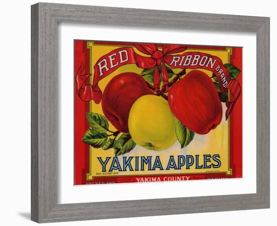 Fruit Crate Labels: Red Ribbon Brand Yakima Apples; Yakima County Horticultural Union-null-Framed Art Print