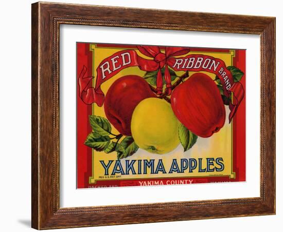 Fruit Crate Labels: Red Ribbon Brand Yakima Apples; Yakima County Horticultural Union-null-Framed Art Print