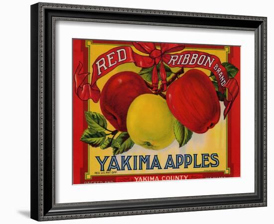 Fruit Crate Labels: Red Ribbon Brand Yakima Apples; Yakima County Horticultural Union-null-Framed Art Print