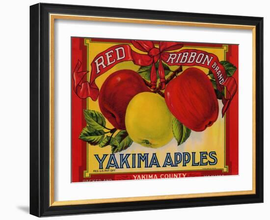 Fruit Crate Labels: Red Ribbon Brand Yakima Apples; Yakima County Horticultural Union-null-Framed Art Print