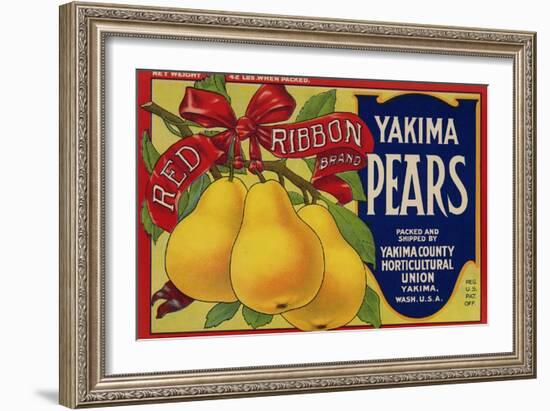 Fruit Crate Labels: Red Ribbon Brand Yakima Pears; Yakima County Horticultural Union-null-Framed Art Print