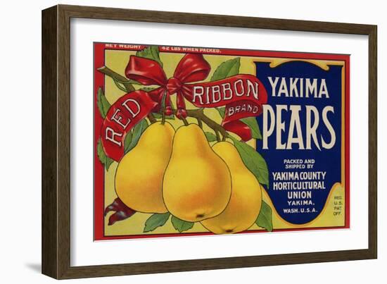 Fruit Crate Labels: Red Ribbon Brand Yakima Pears; Yakima County Horticultural Union-null-Framed Art Print