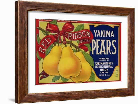 Fruit Crate Labels: Red Ribbon Brand Yakima Pears; Yakima County Horticultural Union-null-Framed Art Print