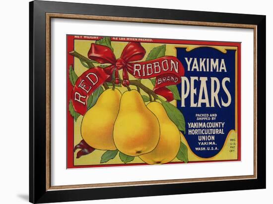 Fruit Crate Labels: Red Ribbon Brand Yakima Pears; Yakima County Horticultural Union-null-Framed Art Print