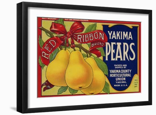 Fruit Crate Labels: Red Ribbon Brand Yakima Pears; Yakima County Horticultural Union-null-Framed Art Print