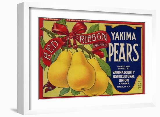Fruit Crate Labels: Red Ribbon Brand Yakima Pears; Yakima County Horticultural Union-null-Framed Art Print