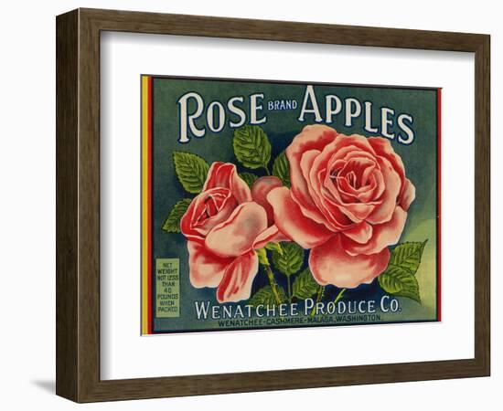 Fruit Crate Labels: Rose Brand Apples; Wenatchee Produce Company-null-Framed Art Print