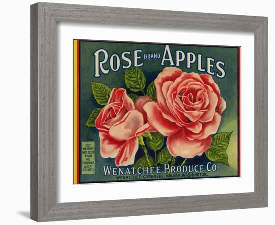 Fruit Crate Labels: Rose Brand Apples; Wenatchee Produce Company-null-Framed Art Print