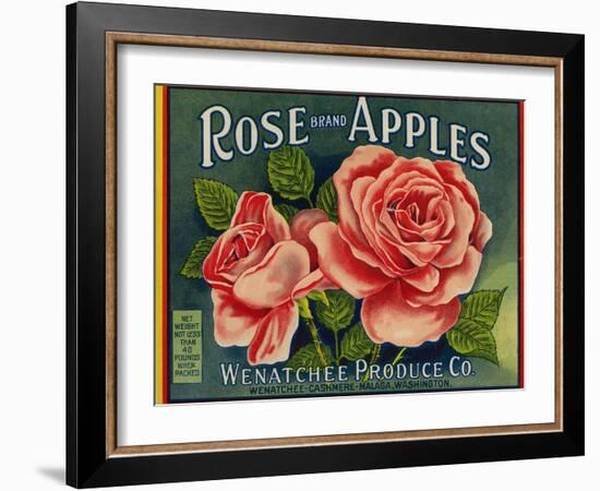 Fruit Crate Labels: Rose Brand Apples; Wenatchee Produce Company-null-Framed Art Print