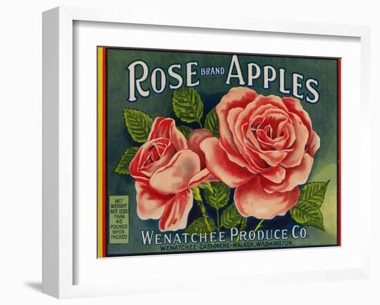 Fruit Crate Labels: Rose Brand Apples; Wenatchee Produce Company-null-Framed Art Print