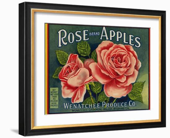 Fruit Crate Labels: Rose Brand Apples; Wenatchee Produce Company-null-Framed Art Print